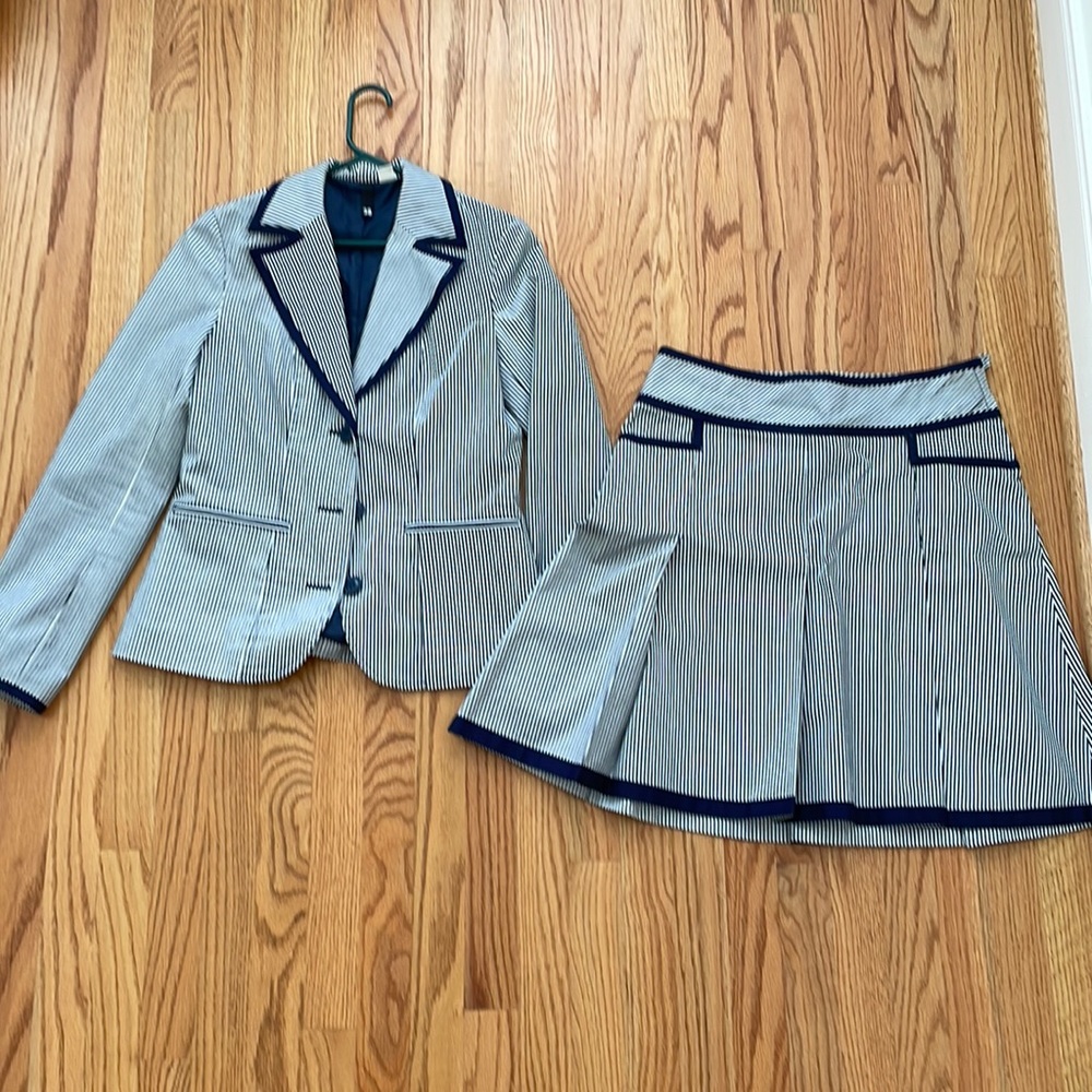 Suit, navy stripe, Top Shop London, size 38